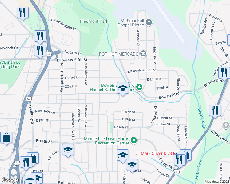 map of restaurants, bars, coffee shops, grocery stores, and more near 1645 Northeast Ashley School Circle in Winston-Salem