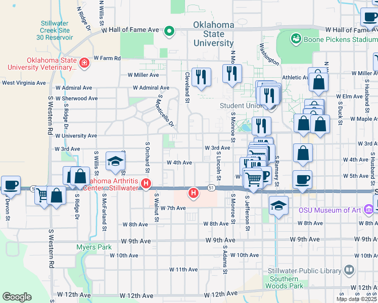 map of restaurants, bars, coffee shops, grocery stores, and more near 323 South Cleveland Street in Stillwater