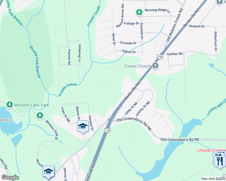 map of restaurants, bars, coffee shops, grocery stores, and more near 120 Churchland Drive in Winston-Salem