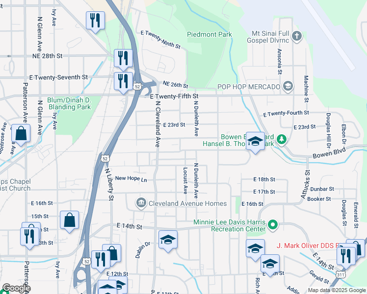 map of restaurants, bars, coffee shops, grocery stores, and more near 1403 21st Street in Winston-Salem