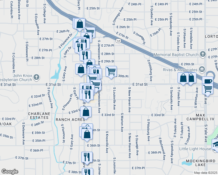 map of restaurants, bars, coffee shops, grocery stores, and more near 3520 East 31st Street in Tulsa