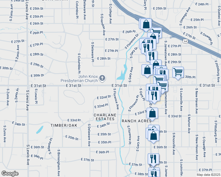 map of restaurants, bars, coffee shops, grocery stores, and more near 2932 East 31st Street in Tulsa