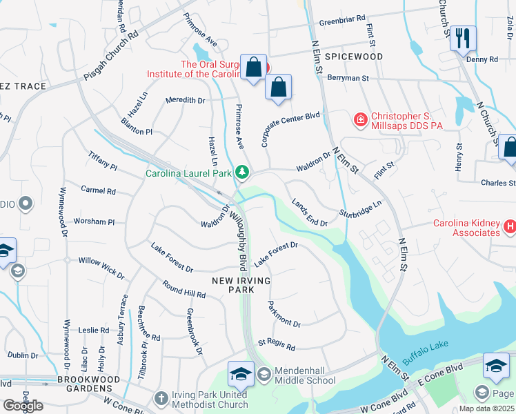 map of restaurants, bars, coffee shops, grocery stores, and more near 8 Baywater Ln in Greensboro