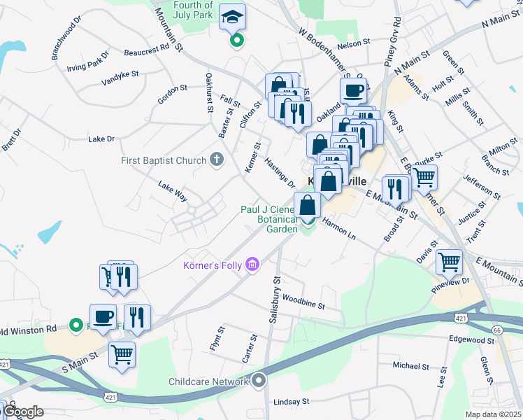 map of restaurants, bars, coffee shops, grocery stores, and more near 206 Tanyard Lane in Kernersville