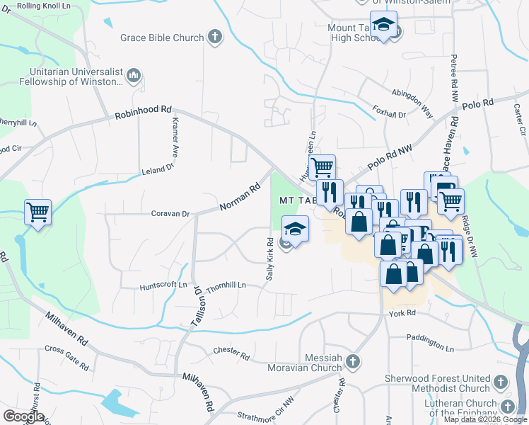 map of restaurants, bars, coffee shops, grocery stores, and more near 3626 Sally Kirk Road Northwest in Winston-Salem