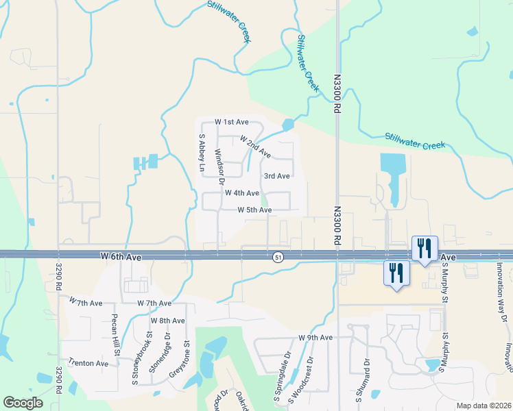 map of restaurants, bars, coffee shops, grocery stores, and more near 5108 West 5th Avenue in Stillwater