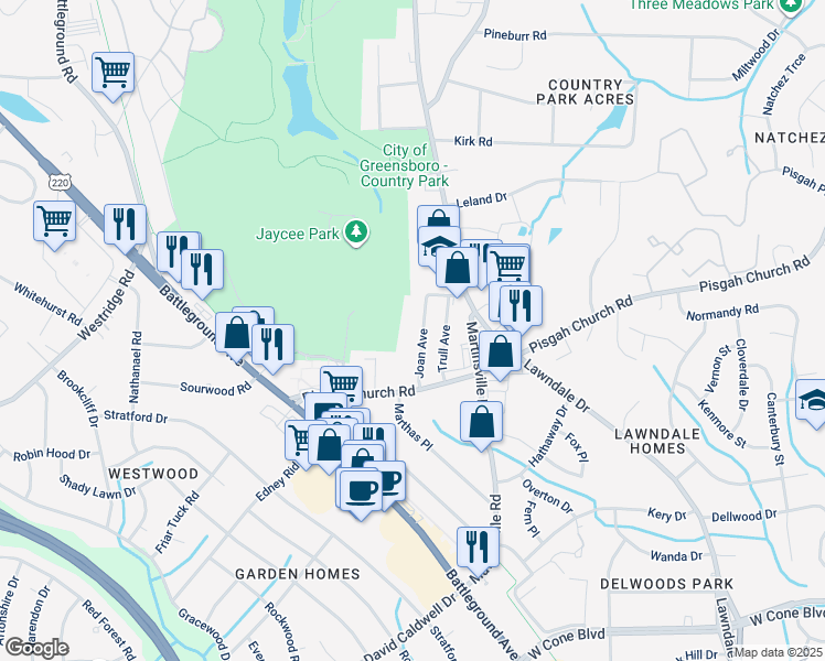 map of restaurants, bars, coffee shops, grocery stores, and more near 3015 Joan Avenue in Greensboro