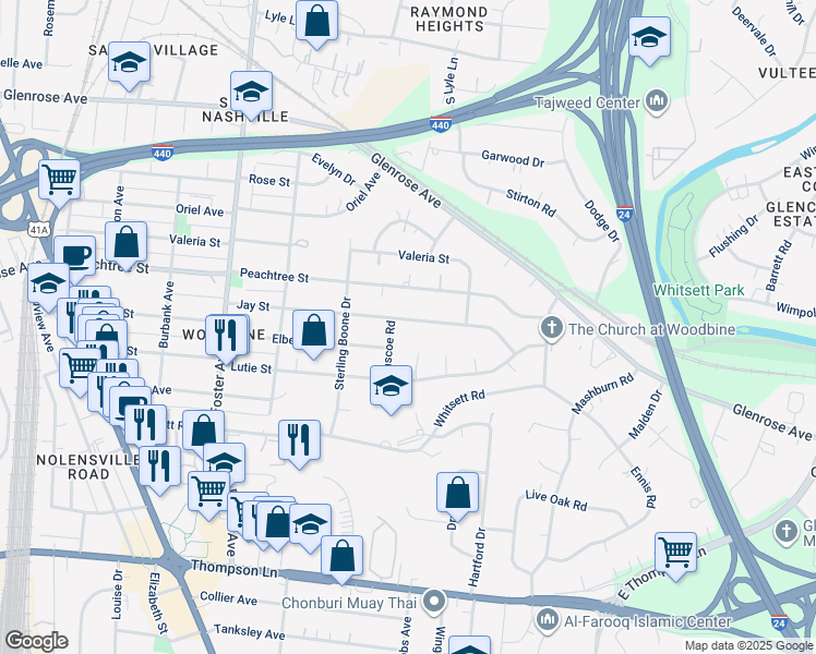 map of restaurants, bars, coffee shops, grocery stores, and more near 63 Jay Street in Nashville
