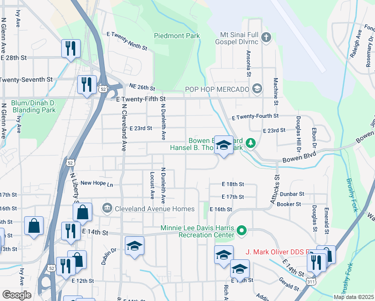 map of restaurants, bars, coffee shops, grocery stores, and more near 1613 Northeast Ashley School Circle in Winston-Salem
