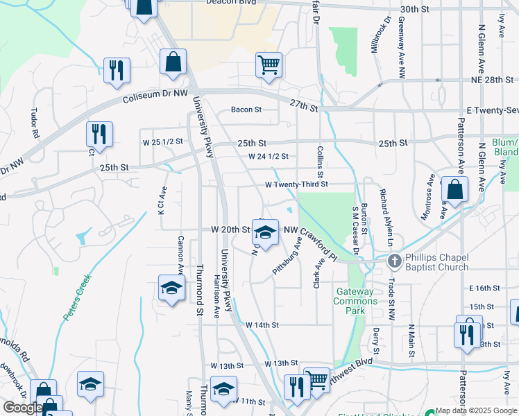 map of restaurants, bars, coffee shops, grocery stores, and more near 2024 Cherry Street in Winston-Salem