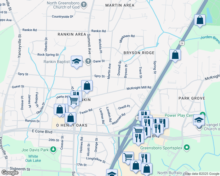 map of restaurants, bars, coffee shops, grocery stores, and more near 3206 Martin Avenue in Greensboro