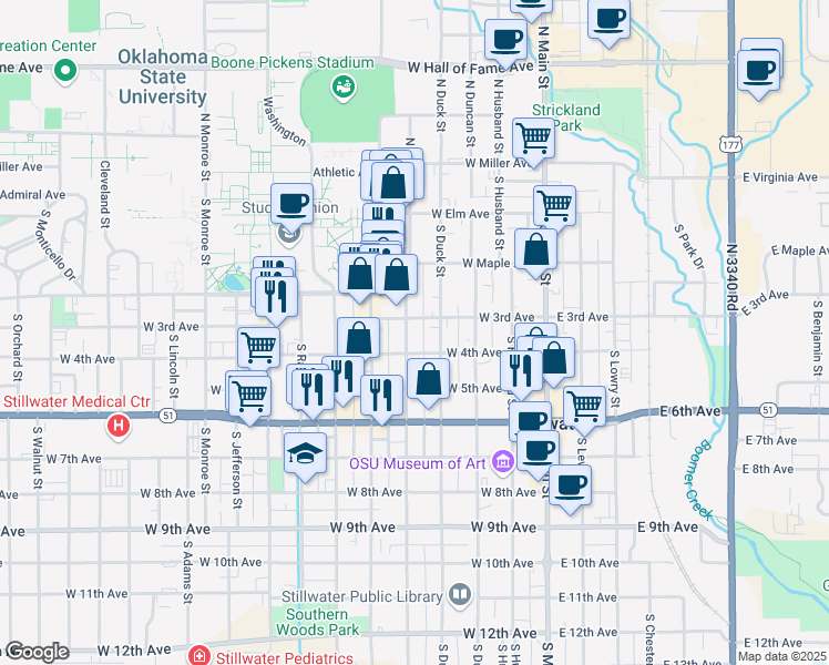 map of restaurants, bars, coffee shops, grocery stores, and more near 311 South West Street in Stillwater