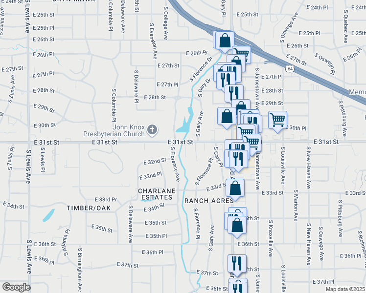 map of restaurants, bars, coffee shops, grocery stores, and more near 3106 South Florence Court in Tulsa