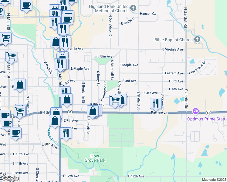 map of restaurants, bars, coffee shops, grocery stores, and more near 1205 Arrington Pl in Stillwater