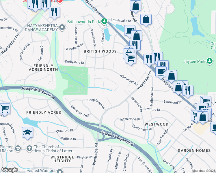 map of restaurants, bars, coffee shops, grocery stores, and more near 3410 Londonderry Dr in Greensboro