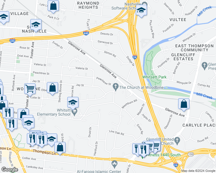 map of restaurants, bars, coffee shops, grocery stores, and more near 5 Peachtree Street in Nashville