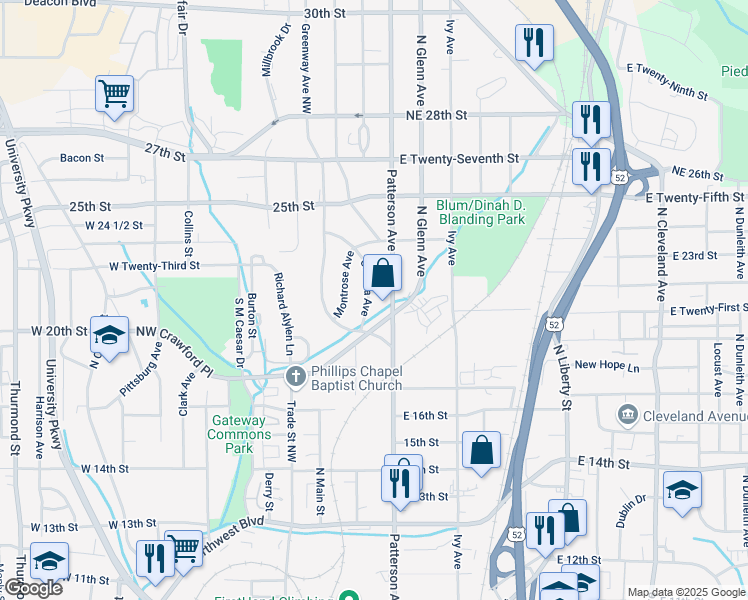 map of restaurants, bars, coffee shops, grocery stores, and more near 2325 Okalina Avenue in Winston-Salem