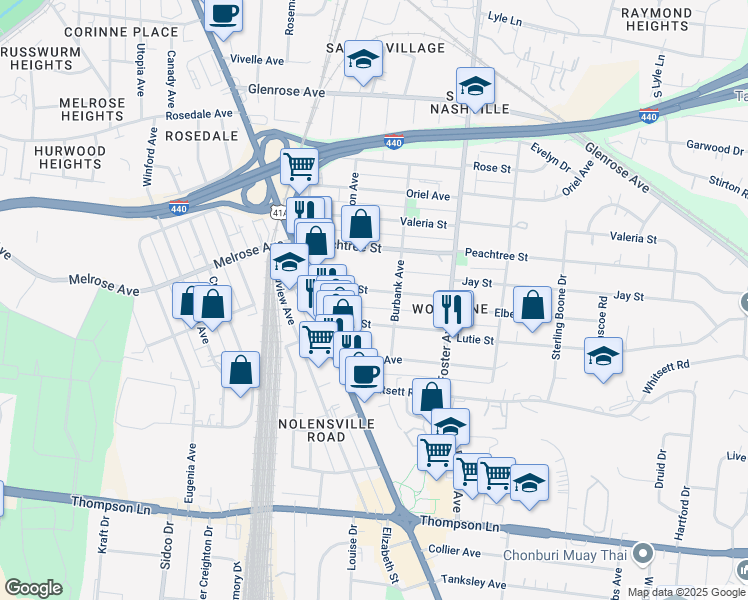 map of restaurants, bars, coffee shops, grocery stores, and more near 313 Elberta Street in Nashville