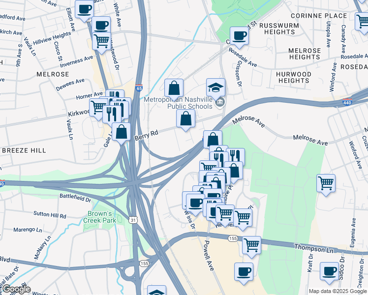map of restaurants, bars, coffee shops, grocery stores, and more near 2712 Larmon Drive in Nashville