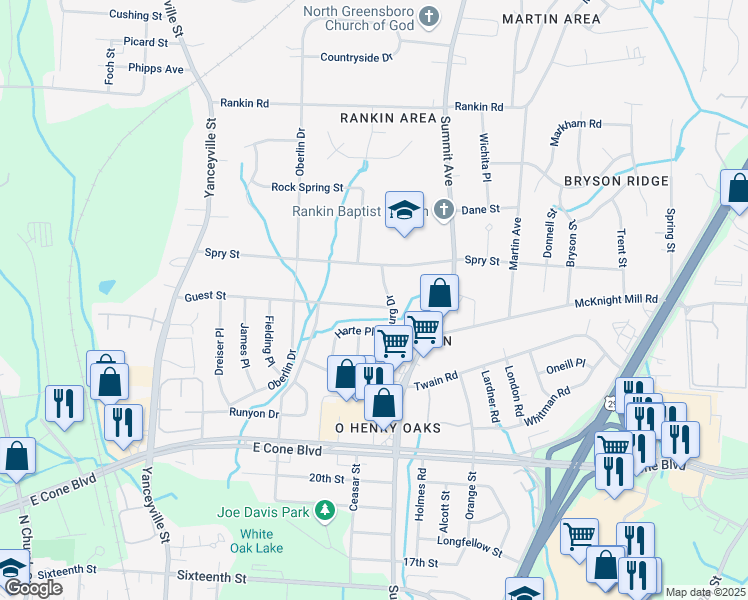 map of restaurants, bars, coffee shops, grocery stores, and more near 1519 Guest Street in Greensboro