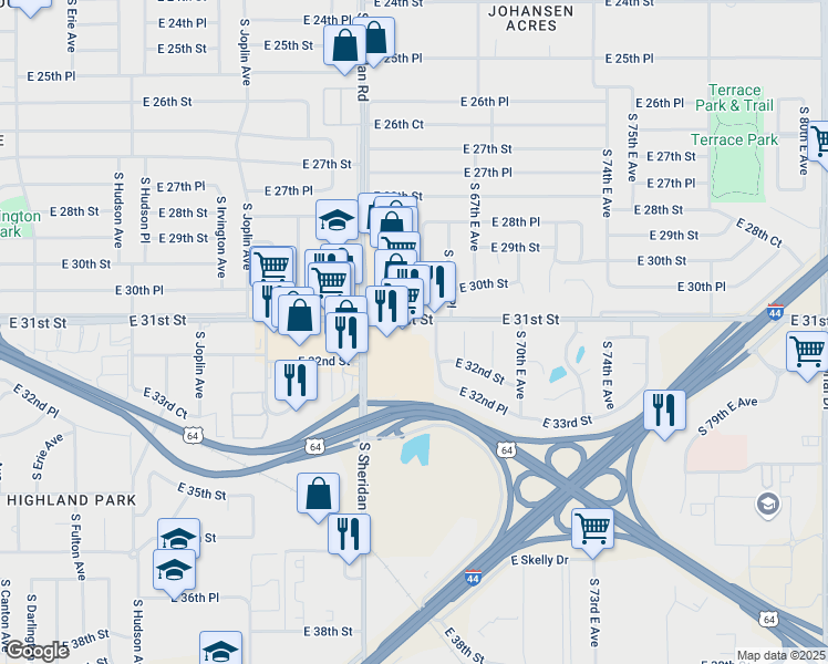 map of restaurants, bars, coffee shops, grocery stores, and more near 6546 East 31st Street in Tulsa