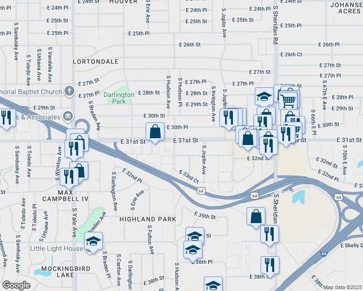 map of restaurants, bars, coffee shops, grocery stores, and more near 5708 East 31st Street in Tulsa
