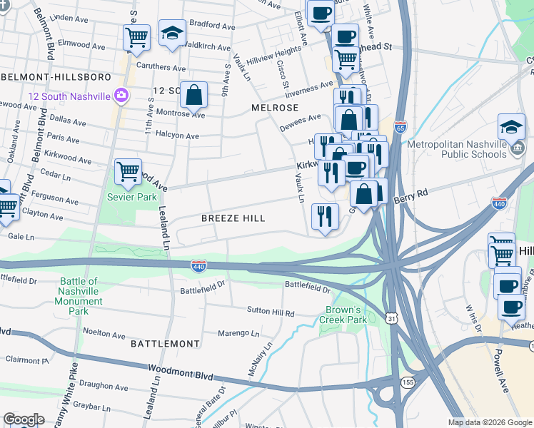 map of restaurants, bars, coffee shops, grocery stores, and more near 829B Clayton Avenue in Nashville