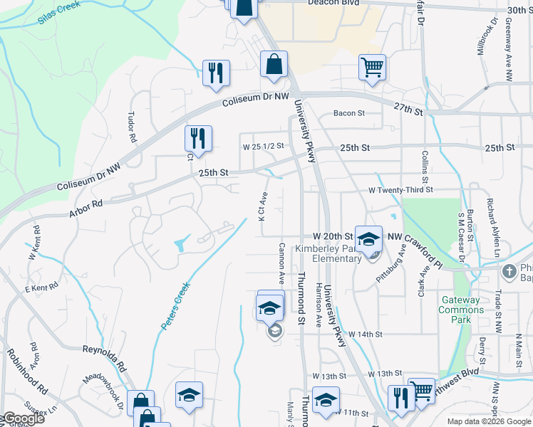 map of restaurants, bars, coffee shops, grocery stores, and more near 2035 K Court Avenue in Winston-Salem