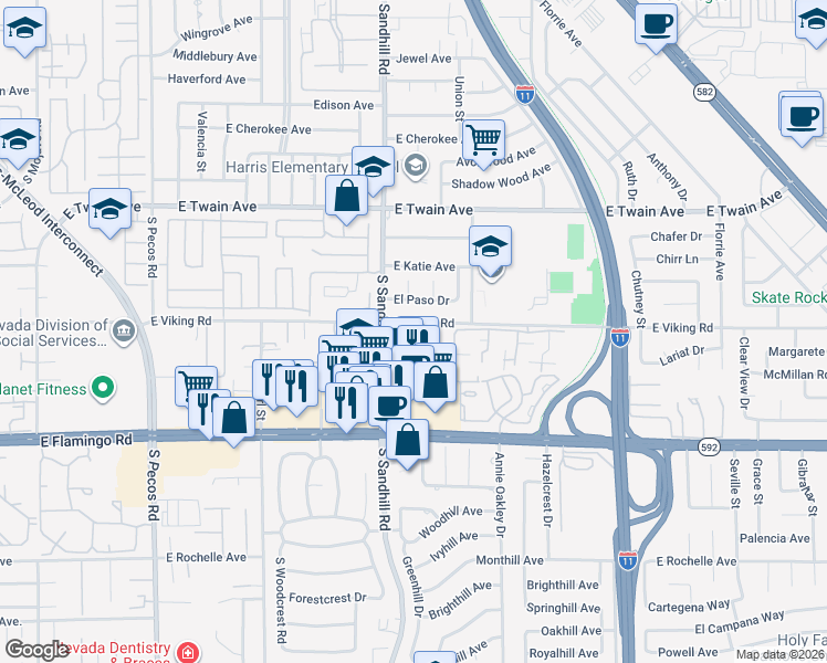 map of restaurants, bars, coffee shops, grocery stores, and more near 3870 East Viking Road in Las Vegas
