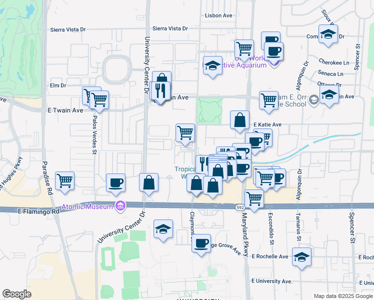 map of restaurants, bars, coffee shops, grocery stores, and more near 3907 Cambridge Street in Las Vegas
