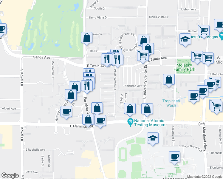map of restaurants, bars, coffee shops, grocery stores, and more near 3892 Palos Verdes Street in Las Vegas
