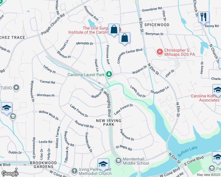 map of restaurants, bars, coffee shops, grocery stores, and more near 8 Baywater Ln in Greensboro