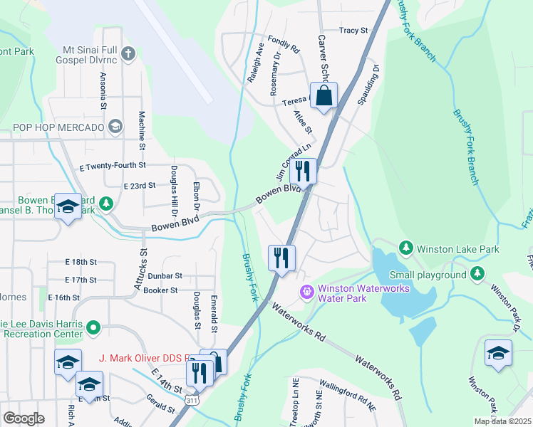 map of restaurants, bars, coffee shops, grocery stores, and more near 2921 New Walkertown Road in Winston-Salem