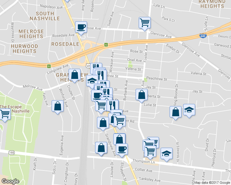 map of restaurants, bars, coffee shops, grocery stores, and more near 313 Elberta Street in Nashville