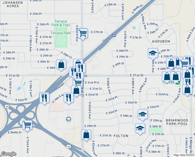 map of restaurants, bars, coffee shops, grocery stores, and more near 8142 East 31st Street in Tulsa