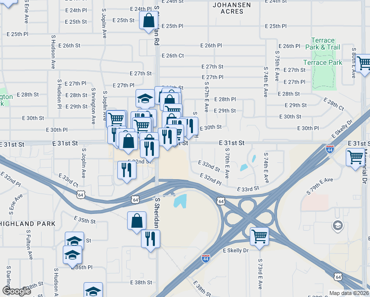map of restaurants, bars, coffee shops, grocery stores, and more near 6546 East 31st Street in Tulsa
