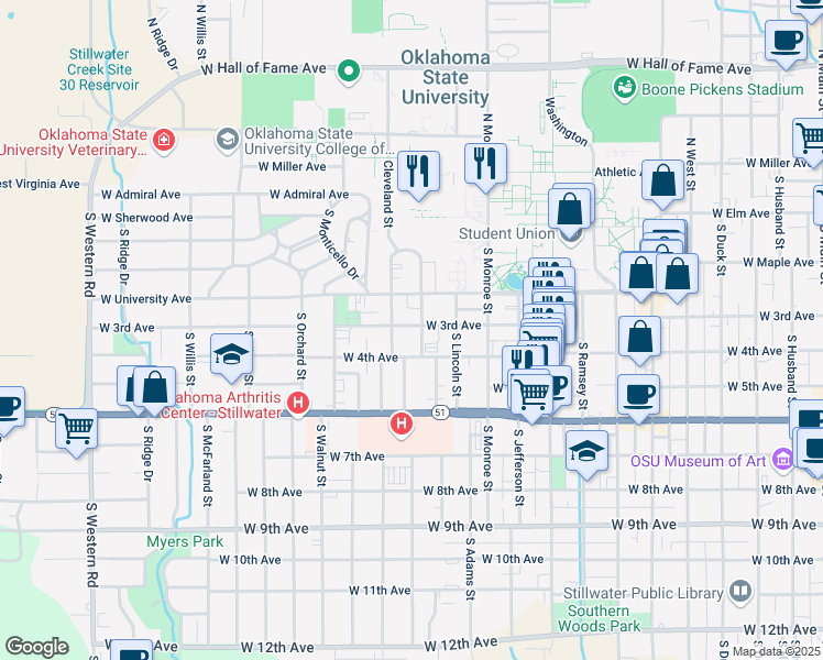 map of restaurants, bars, coffee shops, grocery stores, and more near 323 South Cleveland Street in Stillwater