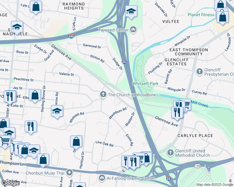 map of restaurants, bars, coffee shops, grocery stores, and more near 2520A Glenrose Avenue in Nashville