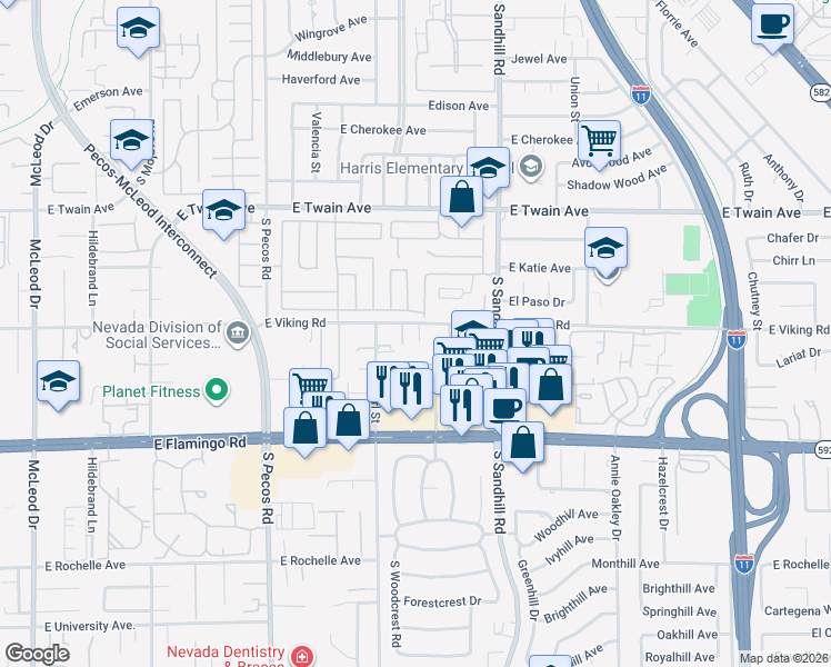 map of restaurants, bars, coffee shops, grocery stores, and more near 3665 East Viking Road in Las Vegas