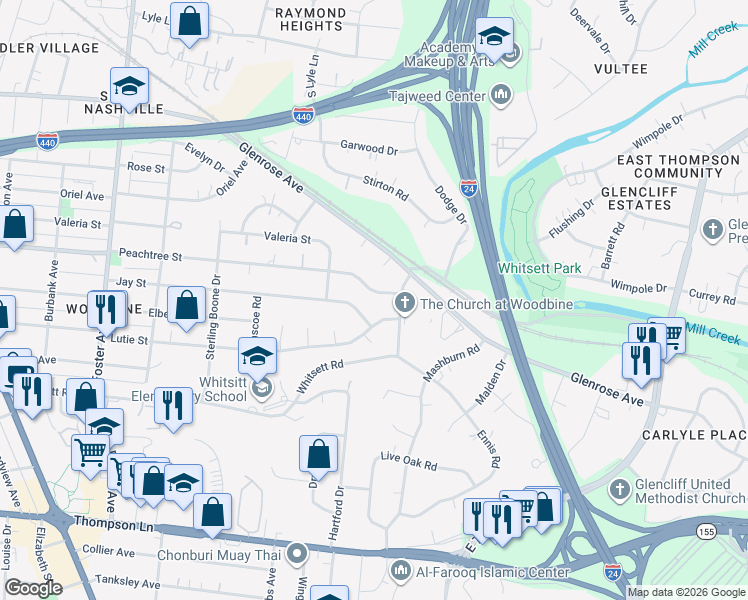 map of restaurants, bars, coffee shops, grocery stores, and more near 5 Peachtree Street in Nashville