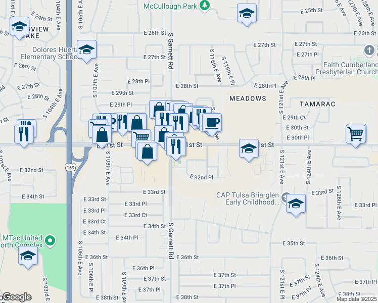 map of restaurants, bars, coffee shops, grocery stores, and more near 11332 East 31st Street in Tulsa