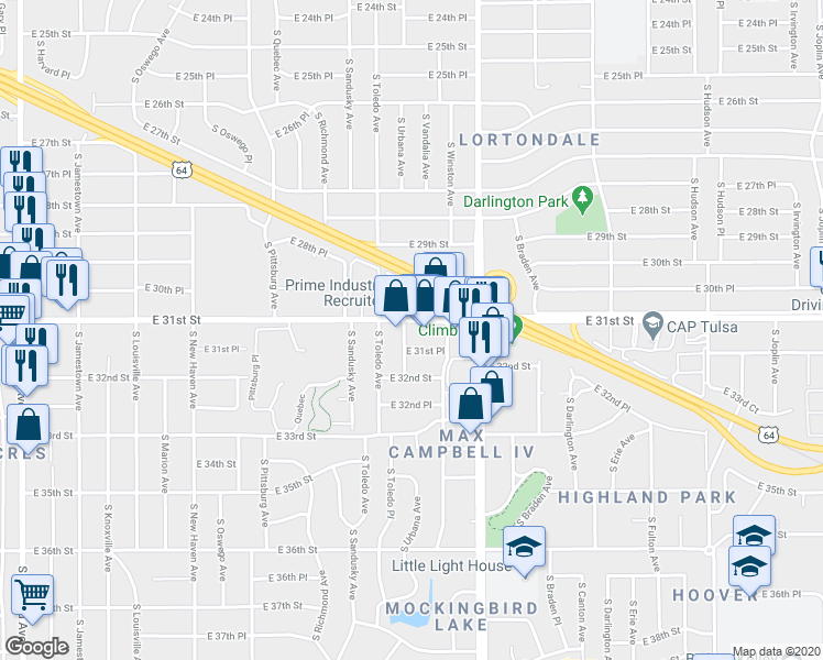 map of restaurants, bars, coffee shops, grocery stores, and more near 4606 East 31st Street in Tulsa