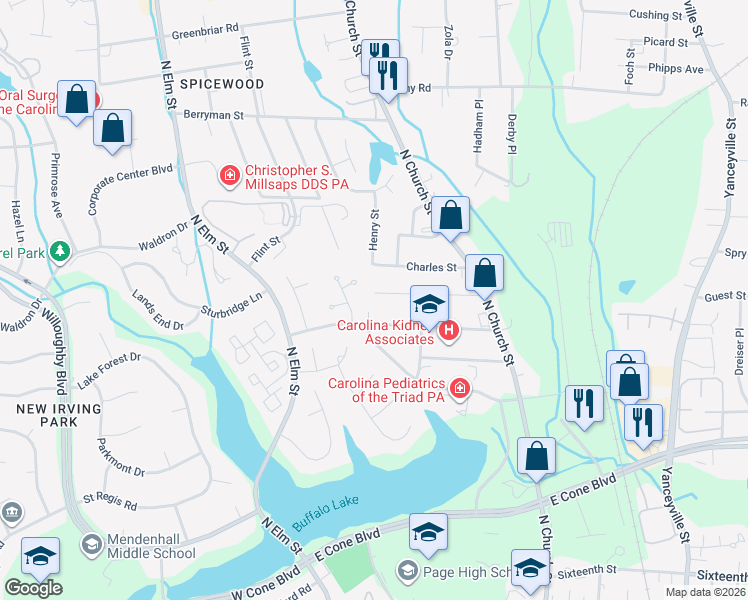 map of restaurants, bars, coffee shops, grocery stores, and more near 200 Bond Street in Greensboro