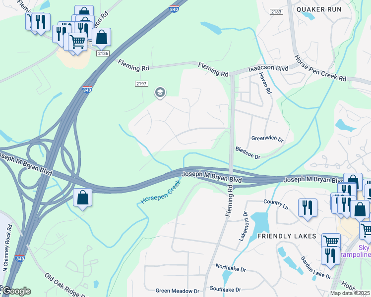 map of restaurants, bars, coffee shops, grocery stores, and more near 10 Spring Oak Court in Greensboro