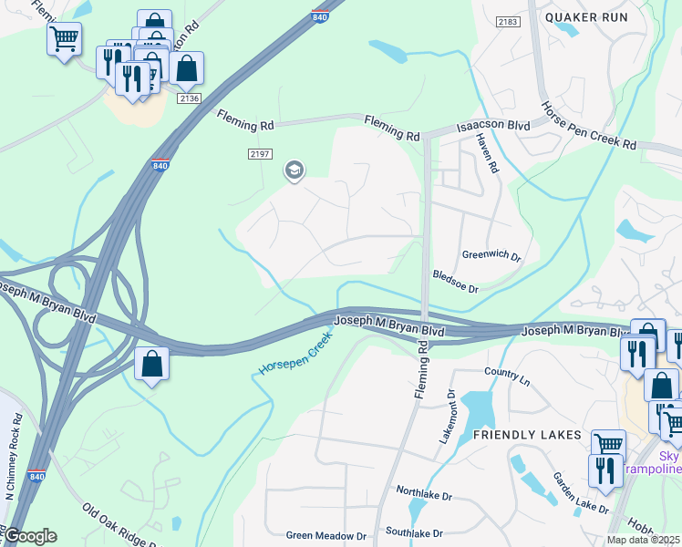 map of restaurants, bars, coffee shops, grocery stores, and more near 10 Spring Oak Court in Greensboro