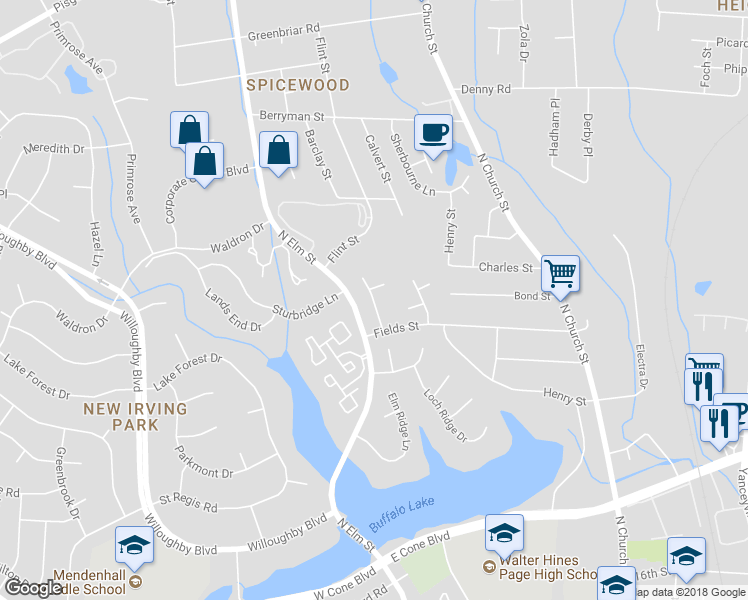 map of restaurants, bars, coffee shops, grocery stores, and more near 10 Elm Grove Way in Greensboro