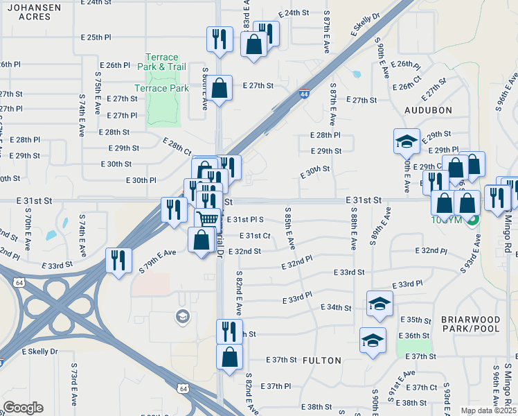 map of restaurants, bars, coffee shops, grocery stores, and more near 8142 East 31st Street in Tulsa
