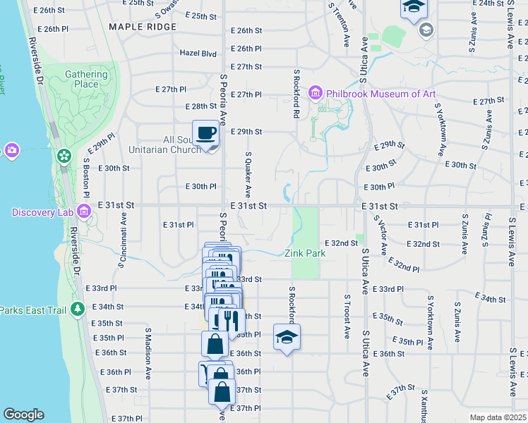 map of restaurants, bars, coffee shops, grocery stores, and more near 1416 East 31st Street in Tulsa