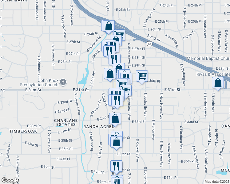 map of restaurants, bars, coffee shops, grocery stores, and more near 3101 South Harvard Avenue in Tulsa