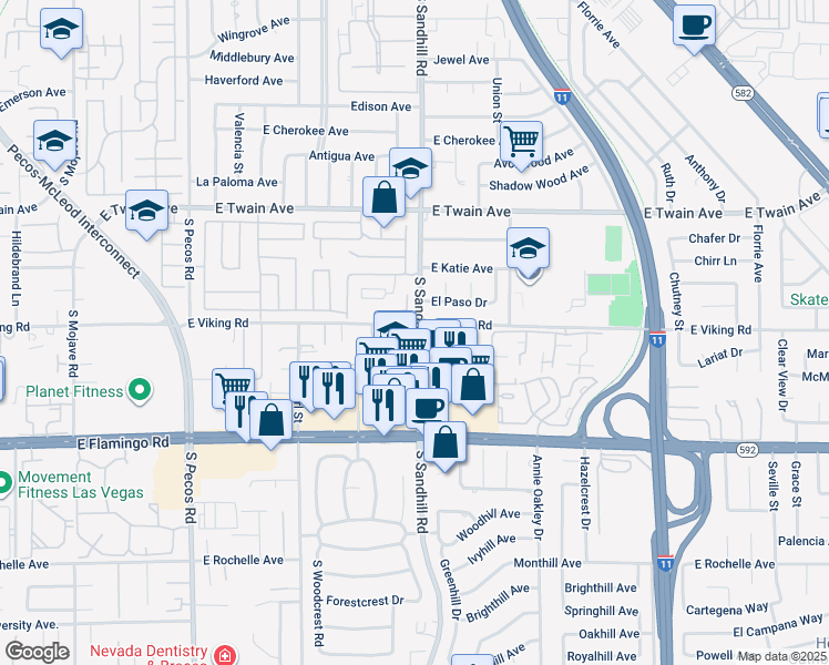 map of restaurants, bars, coffee shops, grocery stores, and more near 3790 Viking Garden Circle in Las Vegas